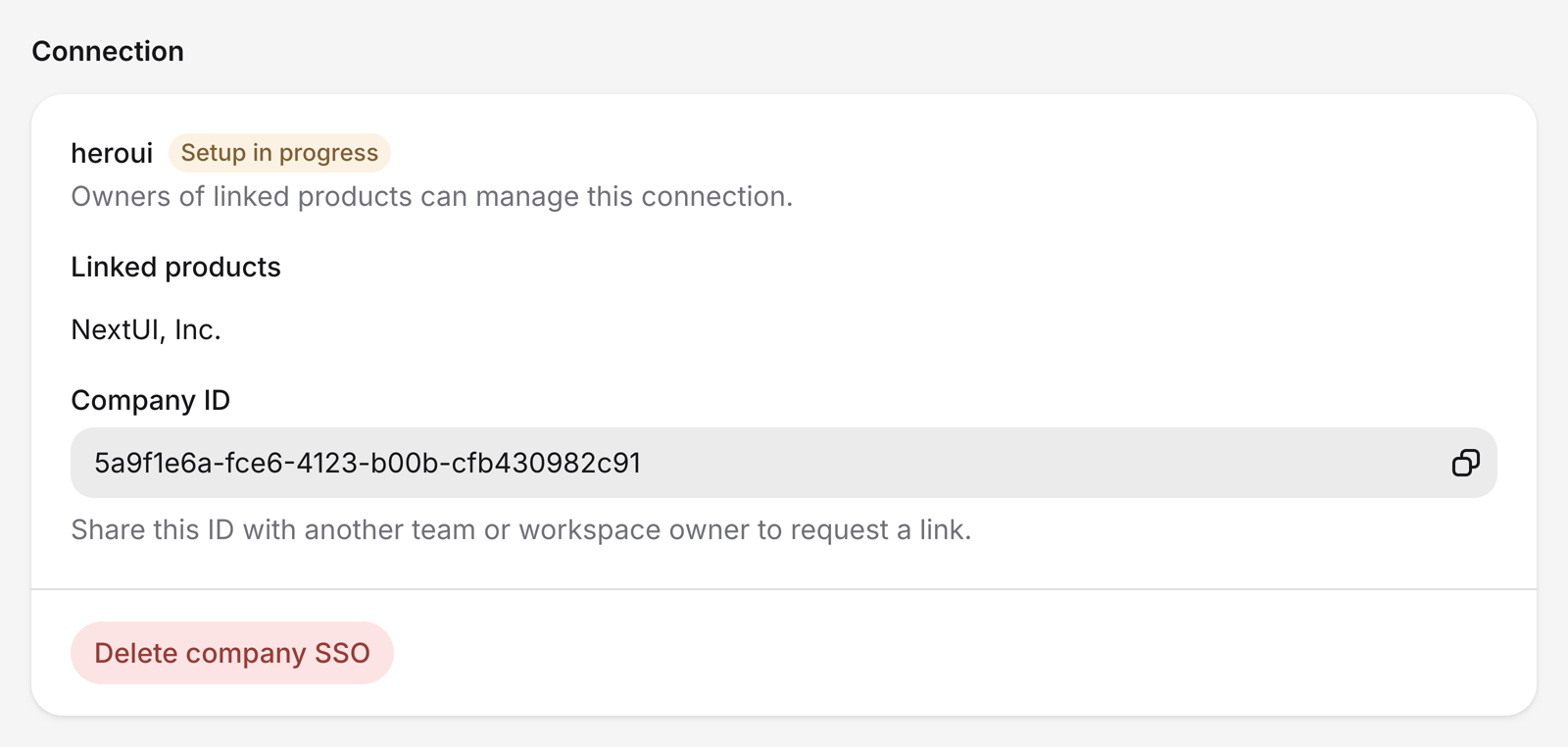 Connection card on the HeroUI Pro SSO settings page